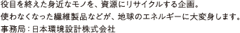 役目を終えた身近なモノを、資源にリサイクルする企画。 使わなくなった繊維製品などが、地球のエネルギーに大変身します。